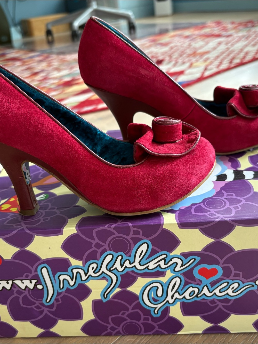 Irregular Choice Pink-Red Suede Round-Toe Heels with Floral Bow